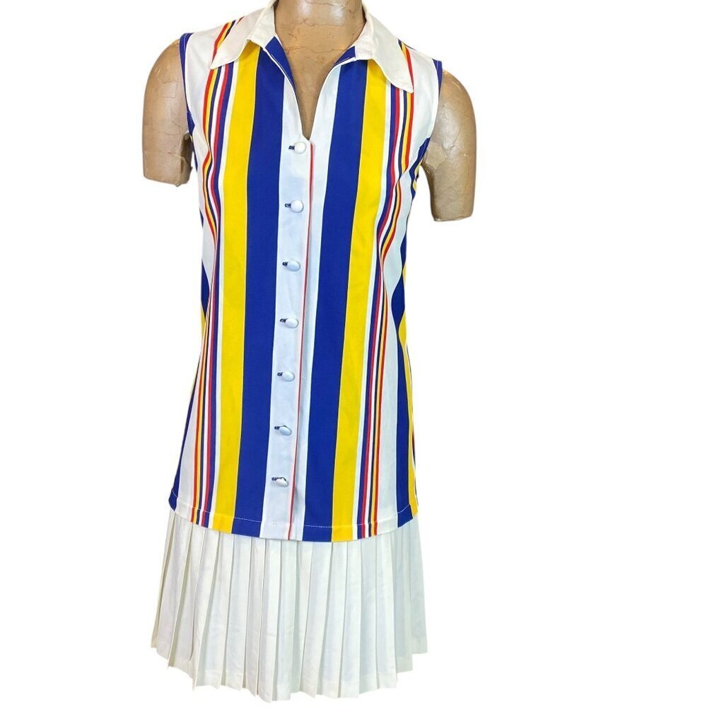 Vintage 60s Striped Button Up Dress Pleated Hem #204M
